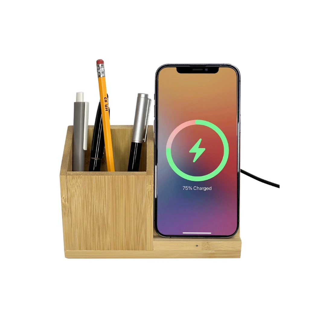 Bamboo Qi Fast Wireless Charger Pad With Stationary Organizer