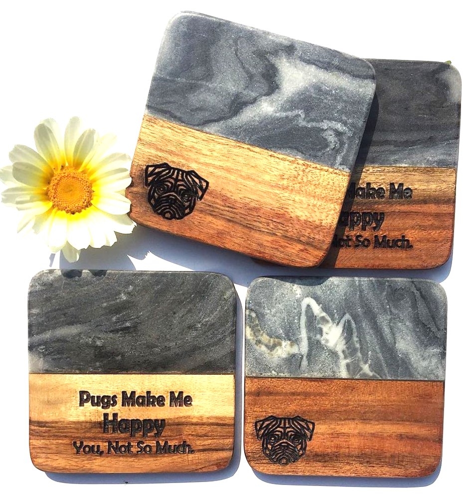 Marble and Wood Pug Coasters