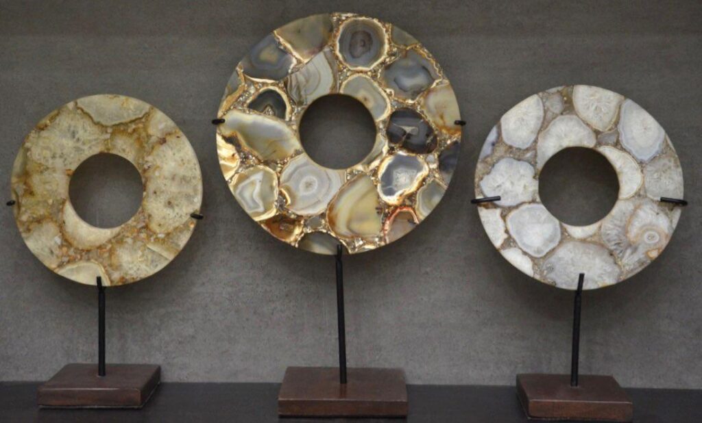 Agate Ring Sculptures with Powder Coated Iron Stand and Wooden Base