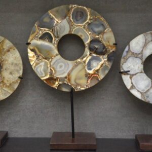 Agate Ring Sculptures with Powder Coated Iron Stand and Wooden Base