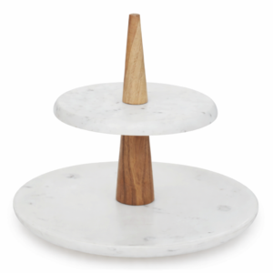 Creamish Marble Plates with Acacia Description: Wood Tiered Stand (Knock Down Packaging)