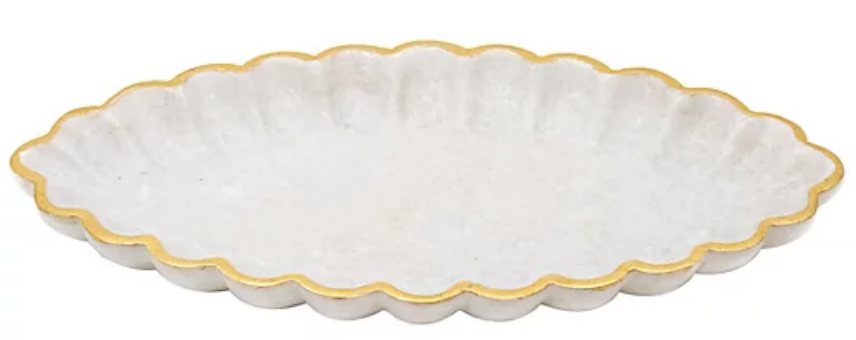 White Marble Elongated Marigold Tray with Gold Foil Accent