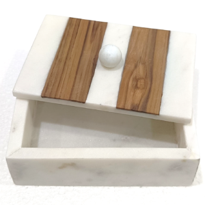 White Marble Box With Wood Inlay & Knob In Lid