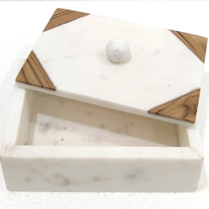 White Marble Box With Wood Inlay & Knob In Lid
