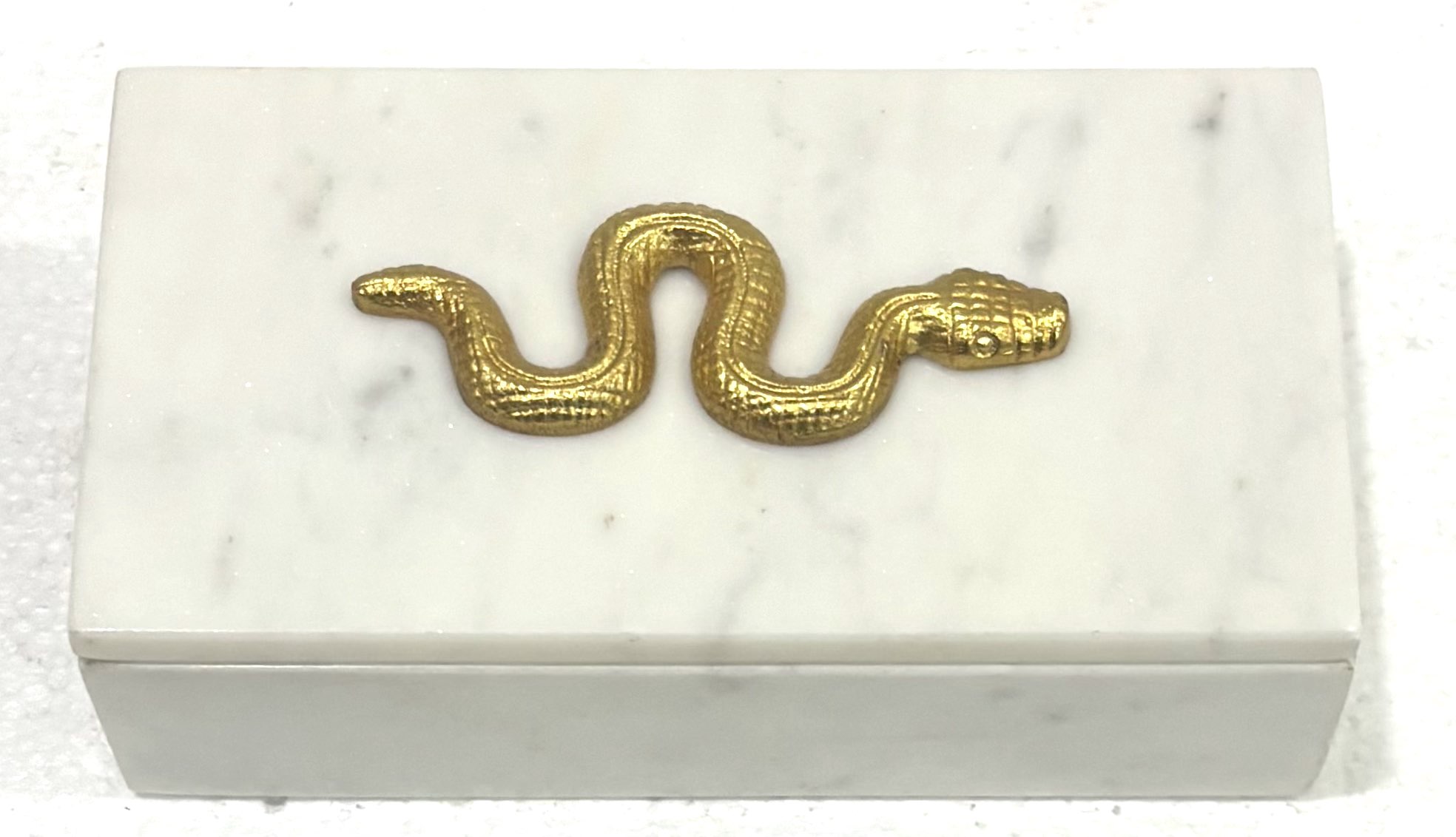 White Marble Rectangular Box With Snake Metal Pasted On Lid