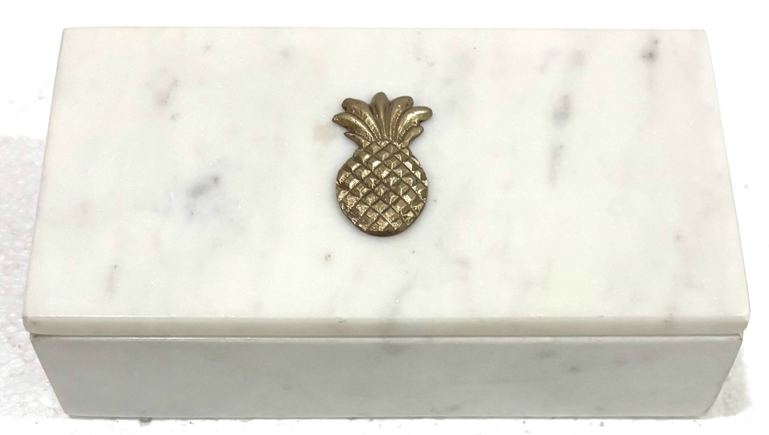 White Marble Rectangular Box With Pineapple Metal Pasted on Lid