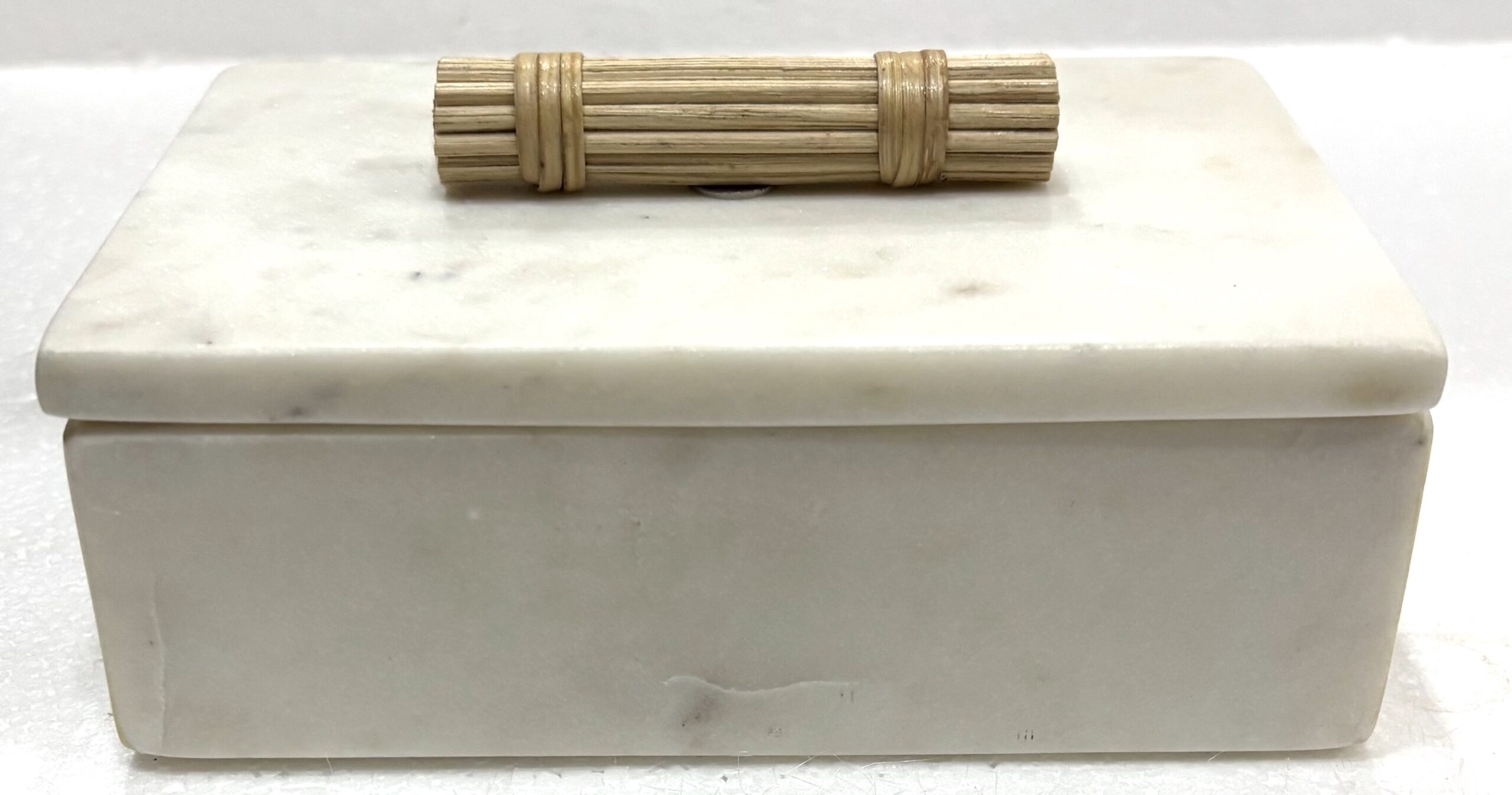White Marble Rectangular Box With Rattan Knob