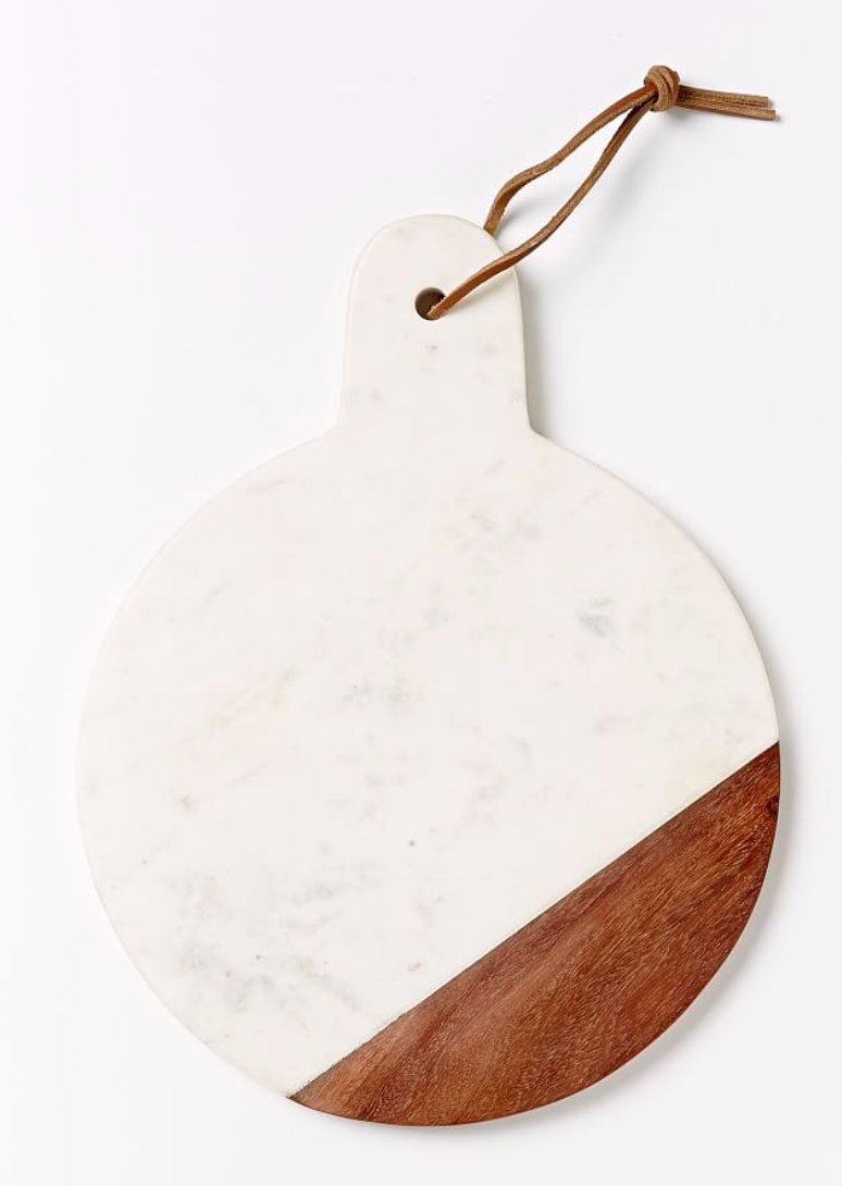 Marble and Acacia wood jointed Board with felt feet underneath and leather string