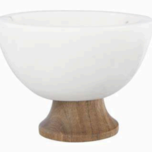 Creamish White Marble Bowl with Mango Wood Jointed Base and felt feet underneath