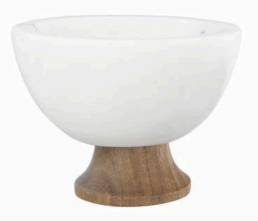Creamish White Marble Bowl with Mango Wood Jointed Base and felt feet underneath