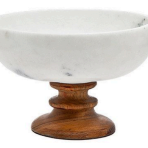 Creamish White Marble Bowl with Acacia Wood Jointed Base and felt feet underneath