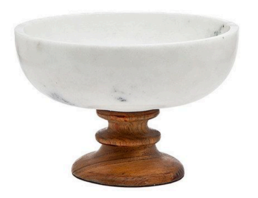 Creamish White Marble Bowl with Acacia Wood Jointed Base and felt feet underneath