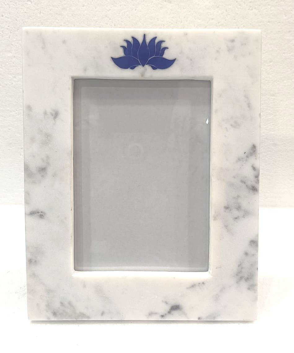 5x7 White Marble Photo Frame With Blue Resin
