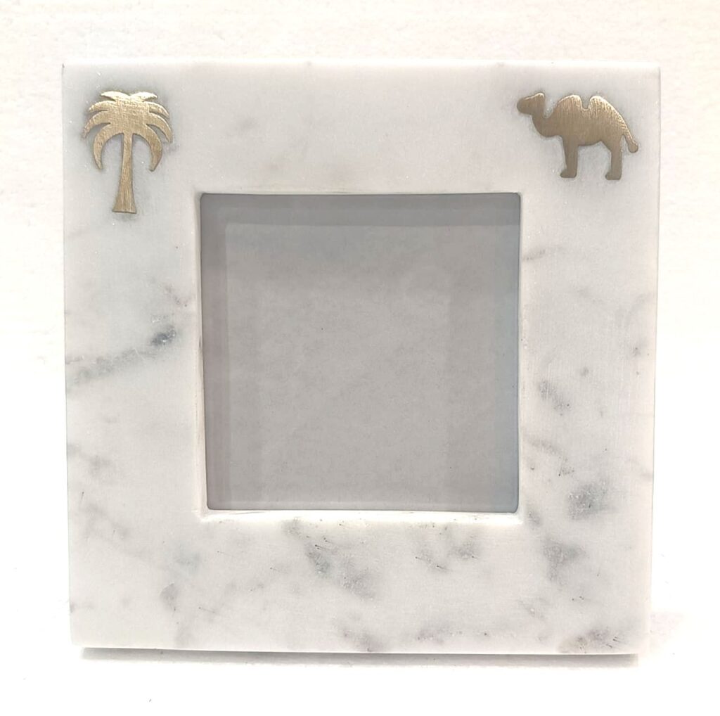 4x4 White Marble Photo Frame With Brass Inlay