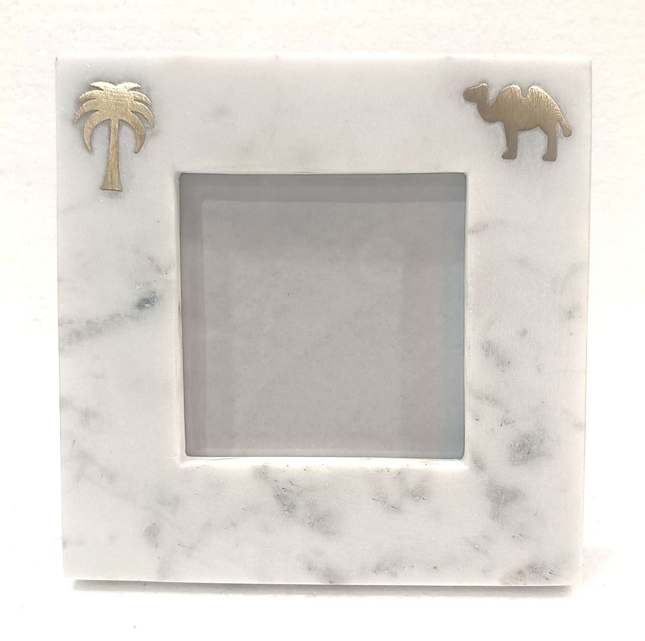4x4 White Marble Photo Frame With Brass Inlay