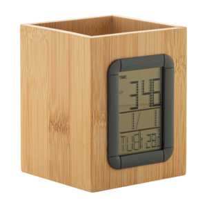 APH 02 BAMBOO PEN HOLDER WITH LCD DIGITAL CLOCK