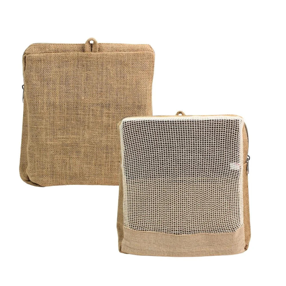 Jute Mesh Pouch with Cotton Net and Zip (9" x 9" x 2")