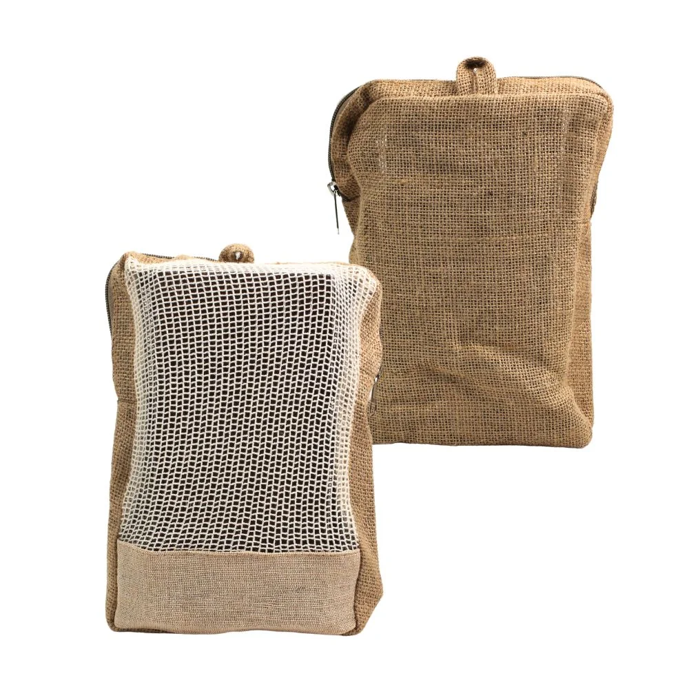 Jute Mesh Pouch with Cotton Net and Zip (6" x 8" x 2")