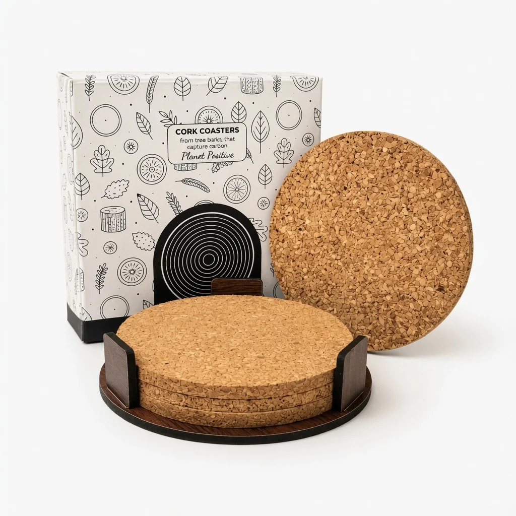 4 Cork Coasters With MDF Holder