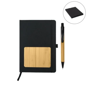 rPET and Bamboo Notebook with Pen Gift Sets in Black Cardboard Slide Box